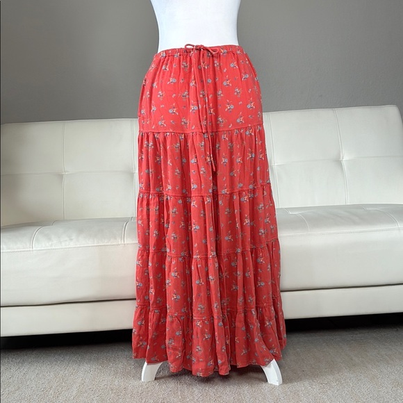 Free People NOVA Coral Floral Tiered Maxi Skirt - Elastic Waist with Drawstring - Picture 4 of 13